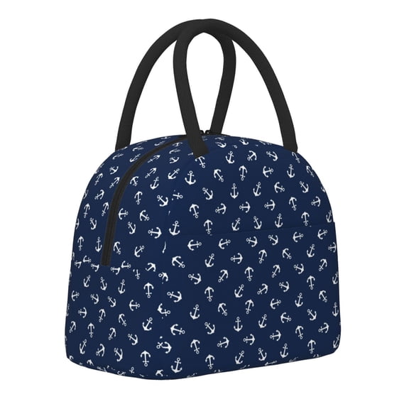 Horeoi Nautical Themed Simple Anchors Pattern Large Insulated Lunch Bag for Work, School, Picnic - Waterproof, Durable Oxford Cloth, Comfortable Handle-Black