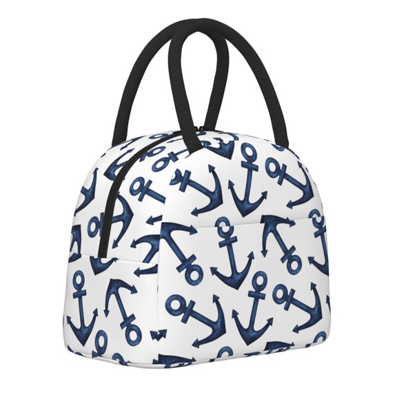 Horeoi Navy Blue Anchors Pattern Large Insulated Lunch Bag for Work, School, Picnic - Waterproof, Durable Oxford Cloth, Comfortable Handle-Black