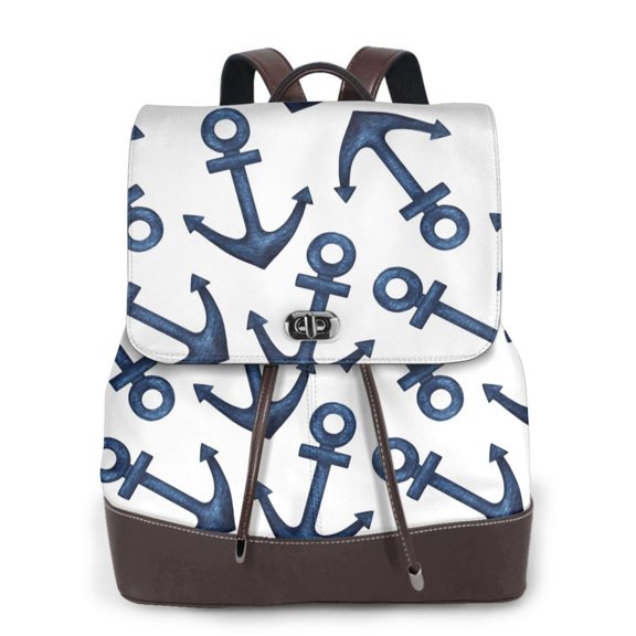 Horeoi Navy Blue Anchors for Womens Leather Backpack for School Travel Work or Casual Use with Zipper Pockets and Spacious Interior