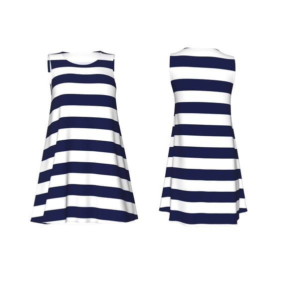 Horeoi Navy Blue And White Stripes Print Women's Sleeveless Dress Cotton-like Flared Hem Deep Side Pockets Above-Knee