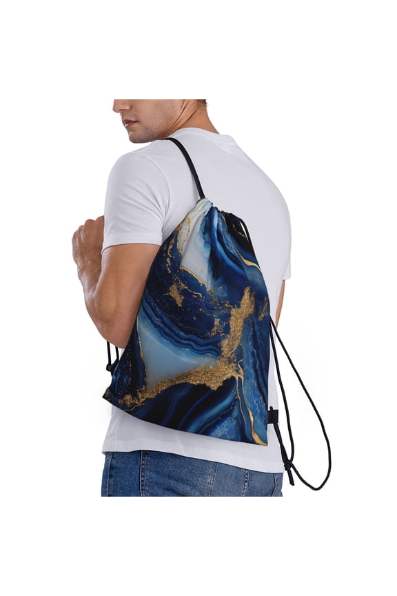 Navy Blue Marble Print Drawstring Bags for Gym Sports Yoga Travel Lightweight Foldable Sackpack for Men Women Teens