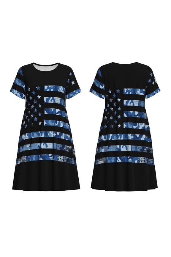 Navy Camouflage American Flag Print Women's Short Sleeve Dress Breathable Polyester-Spandex All-Over Print A-Line Side Pockets Elastic Waist