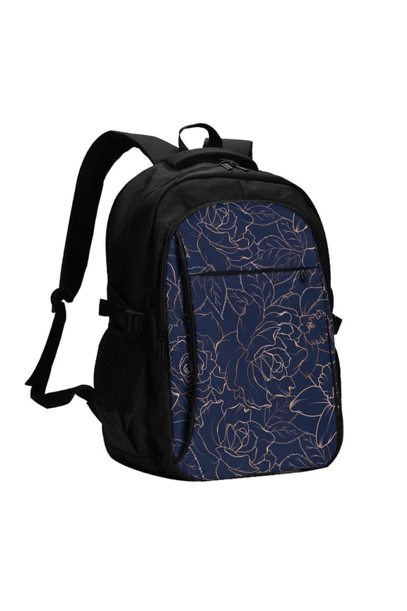 Navy Dark Blue Print USB Backpack for Travel School Work with Laptop Compartment Charging Port and Anti-Theft Pocket