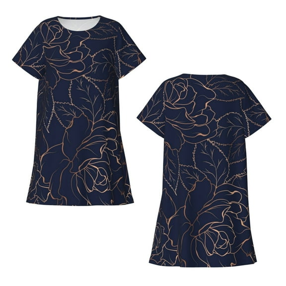Horeoi Navy Dark Blue Print Women's Short-sleeved Nightdress Breathable Cotton-like Material Loose A-line Knee-length