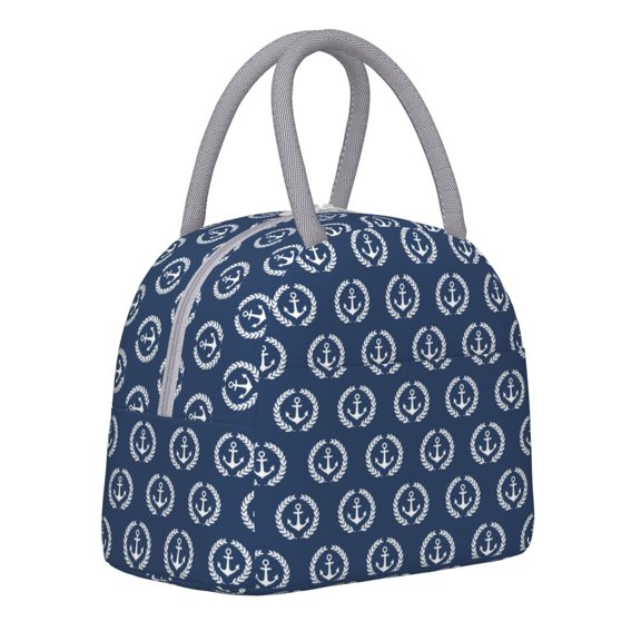 Horeoi Navy Nautical Pattern Large Insulated Lunch Bag for Work, School, Picnic - Waterproof, Durable Oxford Cloth, Comfortable Handle-Light Grey
