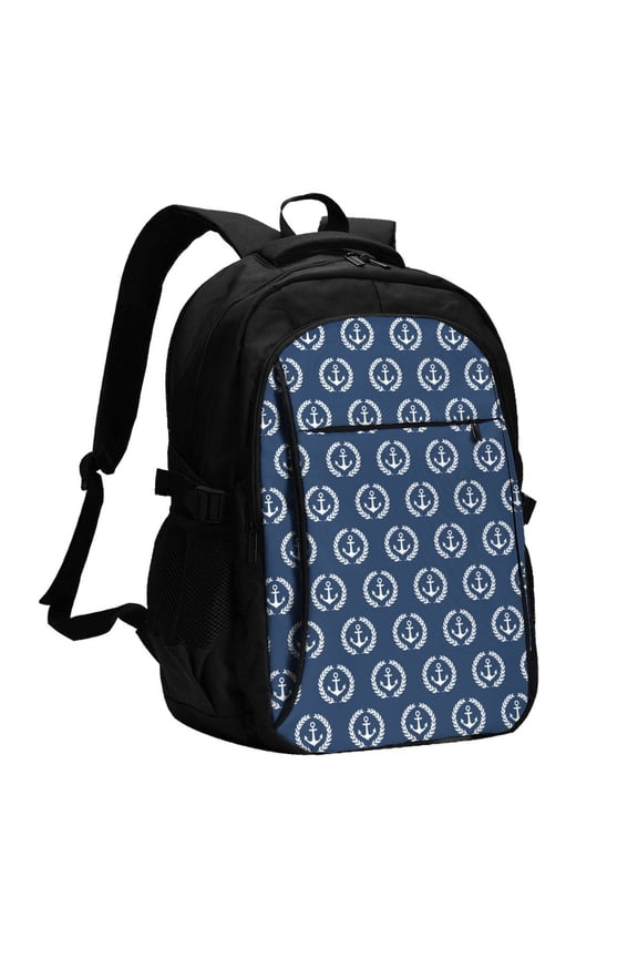 Navy Nautical Print USB Backpack for Travel School Work with Laptop Compartment Charging Port and Anti-Theft Pocket