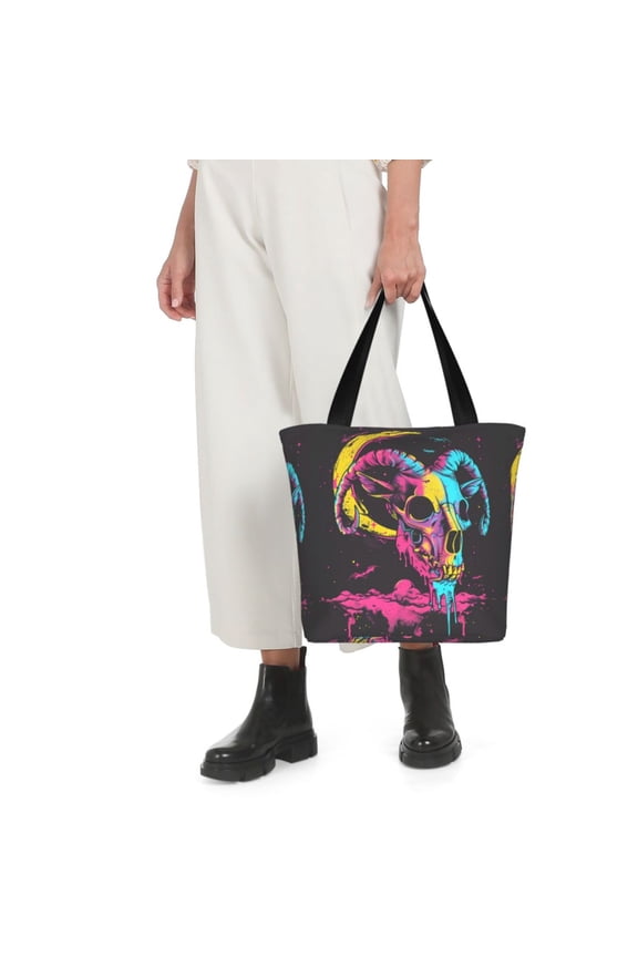 Neon Gothic Skull Moon Print Shoulder Bag for Women Large Capacity Zipper Tote for Shopping Beach Travel Gym with Inner Pocket