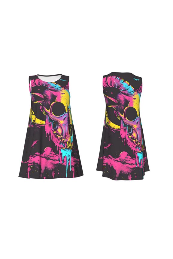 Neon Gothic Skull Moon Print Women's Sleeveless Dress Cotton-like Flared Hem Deep Side Pockets Above-Knee