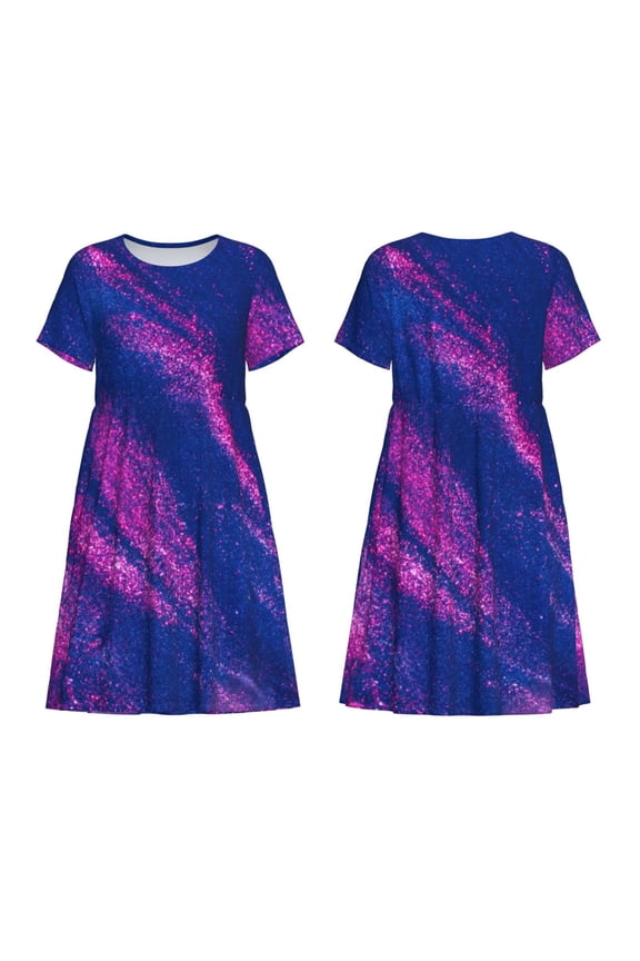 Neon Gradient Blue Print Women's Short Sleeve Dress Breathable Polyester-Spandex All-Over Print A-Line Side Pockets Elastic Waist