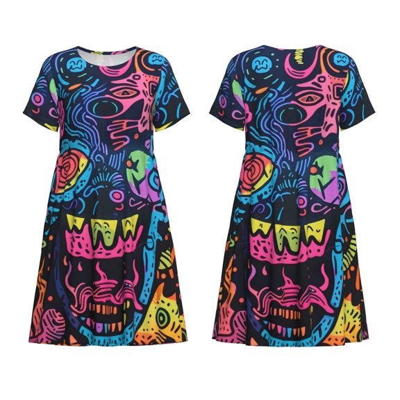 Horeoi Neon Graffiti Urban Art Print Women's Short Sleeve Dress Breathable Polyester-Spandex All-Over Print A-Line Side Pockets Elastic Waist