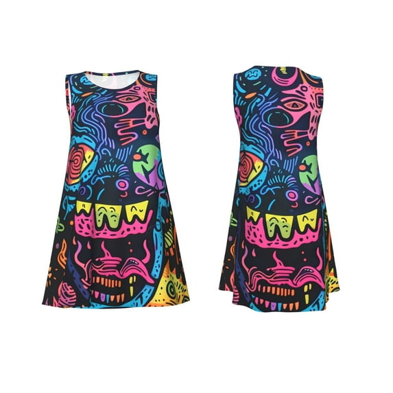 Horeoi Neon Graffiti Urban Art Print Women's Sleeveless Dress Cotton-like Flared Hem Deep Side Pockets Above-Knee