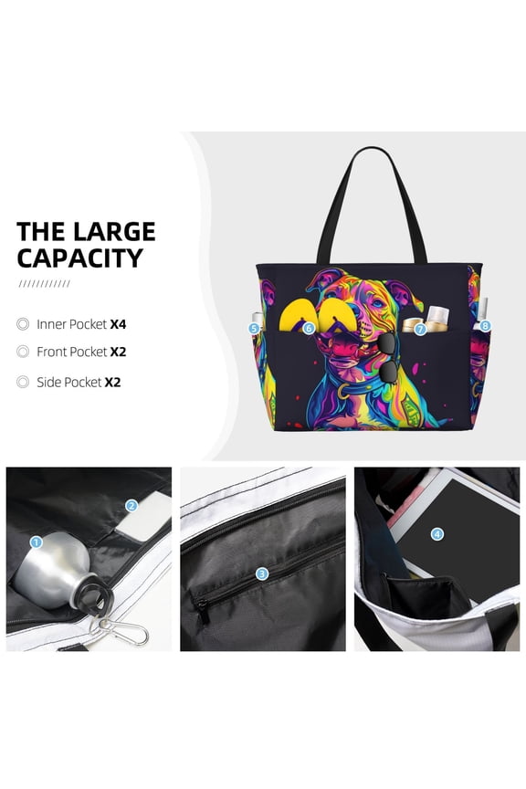 Neon Pop Art Pitbull Print Large Capacity Beach Travel Bag Waterproof Polyester with Multiple Pockets for Beach Camping Gym