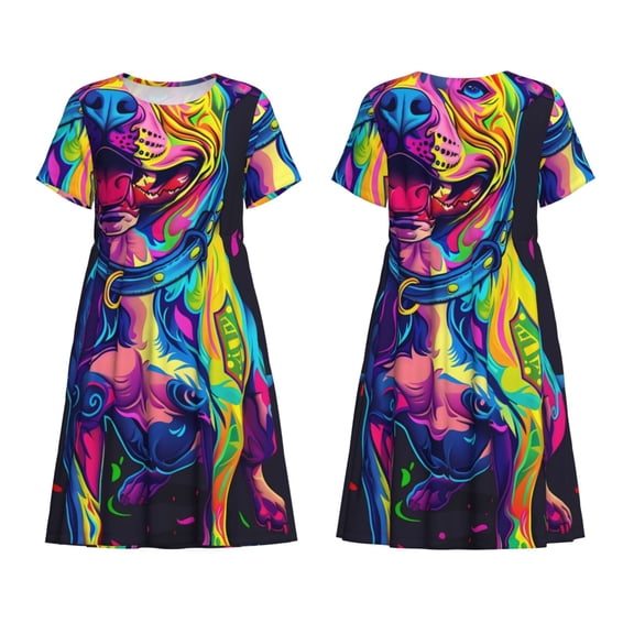 Horeoi Neon Pop Art Pitbull Print Women's Short Sleeve Dress Breathable Polyester-Spandex All-Over Print A-Line Side Pockets Elastic Waist