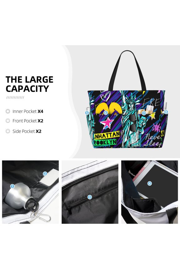 New York City Print Large Capacity Beach Travel Bag Waterproof Polyester with Multiple Pockets for Beach Camping Gym