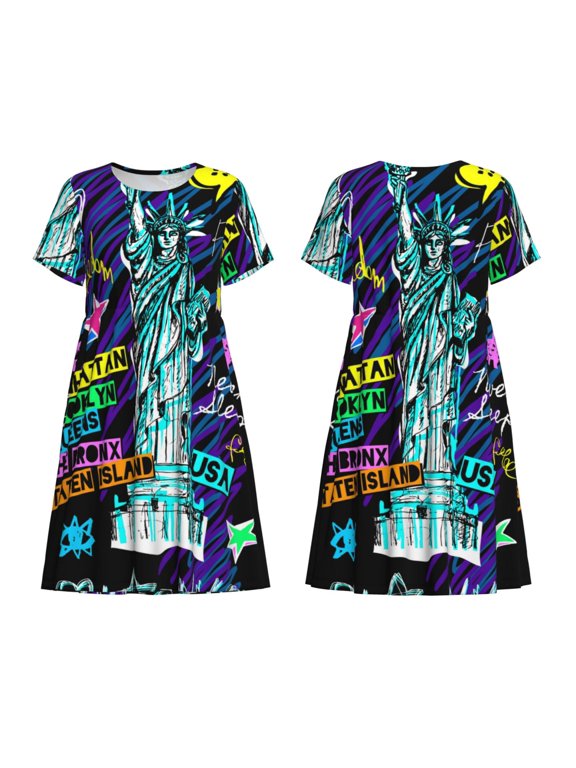 New York City Print Women's Short Sleeve Dress Breathable Polyester-Spandex All-Over Print A-Line Side Pockets Elastic Waist