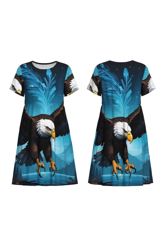 Night Sky Forest Bald Eagle Print Women's Short Sleeve Dress Breathable Polyester-Spandex All-Over Print A-Line Side Pockets Elastic Waist