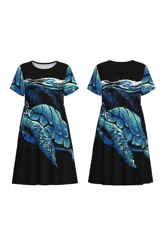 Ocean Turtle Print Women's Short Sleeve Dress Breathable Polyester-Spandex All-Over Print A-Line Side Pockets Elastic Waist