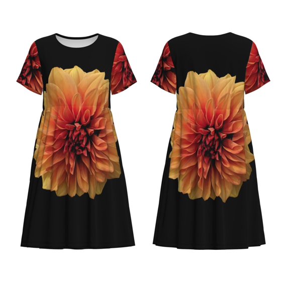 Horeoi Orange Dalia Print Women's Short Sleeve Dress Breathable Polyester-Spandex All-Over Print A-Line Side Pockets Elastic Waist