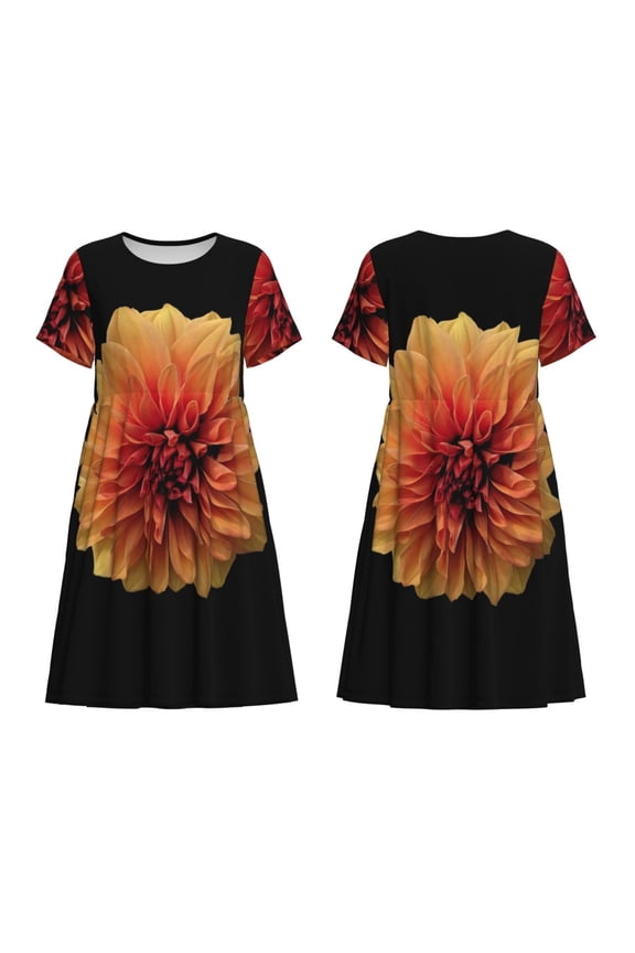Orange Dalia Print Women's Short Sleeve Dress Breathable Polyester-Spandex All-Over Print A-Line Side Pockets Elastic Waist