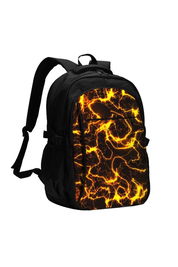 Orange Lightning Print USB Backpack for Travel School Work with Laptop Compartment Charging Port and Anti-Theft Pocket