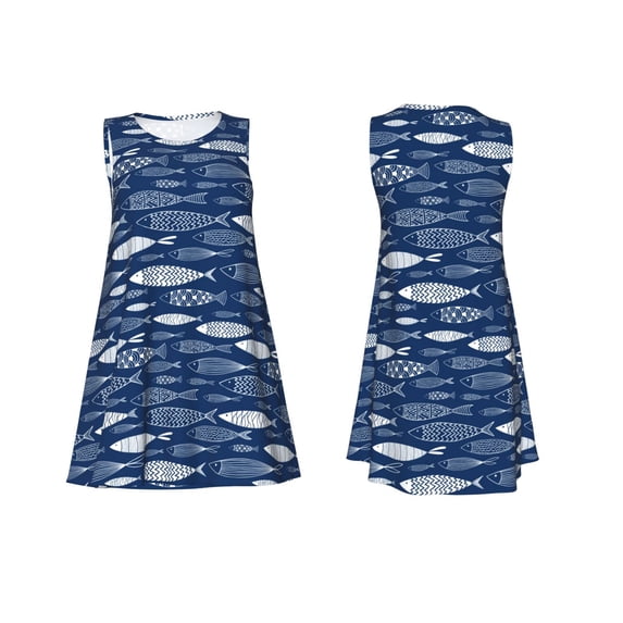 Horeoi Ornamental Fish Print Women's Sleeveless Dress Cotton-like Flared Hem Deep Side Pockets Above-Knee
