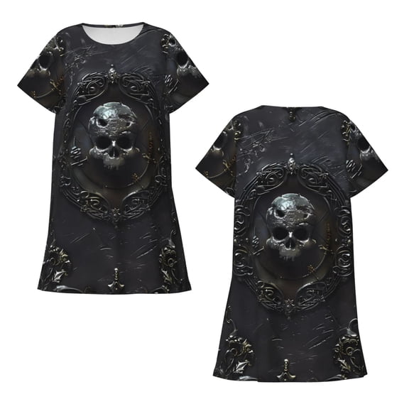 Horeoi Ornate Dark Skull Book Print Women's Short-sleeved Nightdress Breathable Cotton-like Material Loose A-line Knee-length