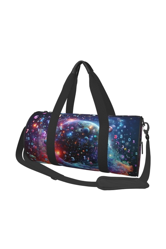 Outer Space Floating Numbers And Letters Print Foldable Travel Duffle Bag with Removable Strap - Water-Resistant Gym Vacation Luggage Multi-Pocket Design