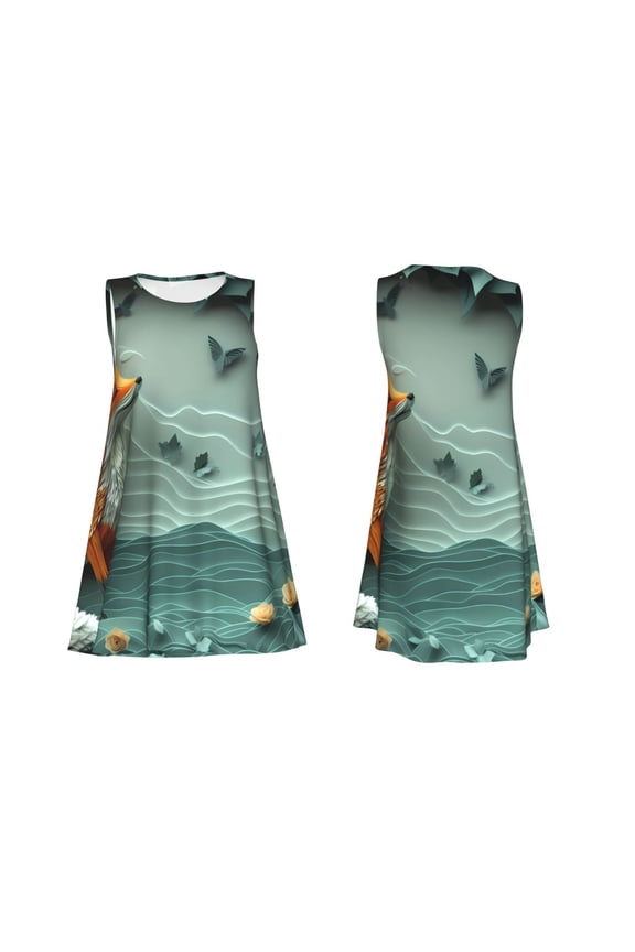 Paper Fox Crow Fantasy Print Women's Sleeveless Dress Cotton-like Flared Hem Deep Side Pockets Above-Knee