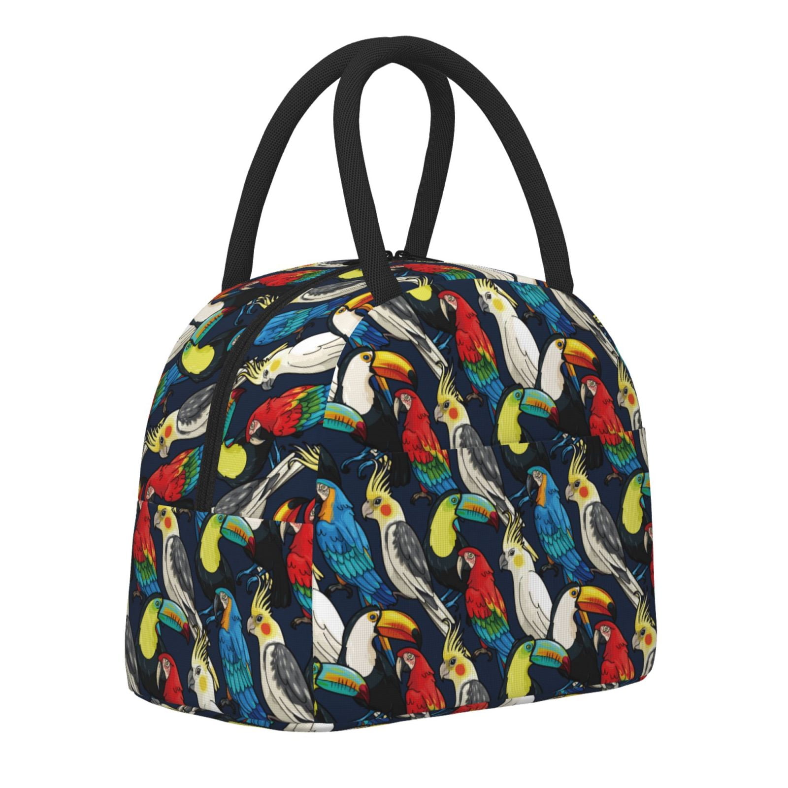 Horeoi Parrot Pattern Large Insulated Lunch Bag for Work, School, Picnic - Waterproof, Durable Oxford Cloth, Comfortable Handle-Black
