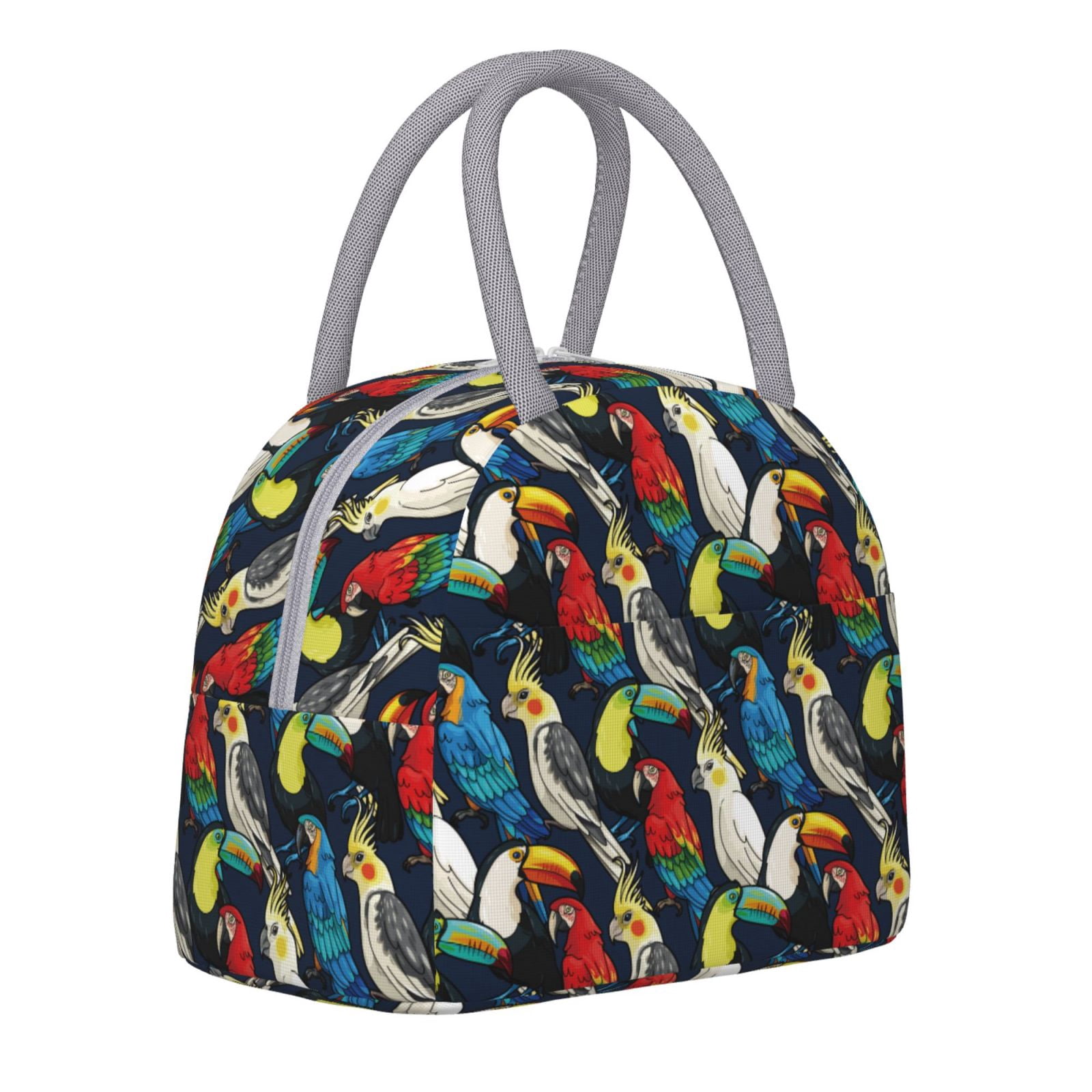 Horeoi Parrot Pattern Large Insulated Lunch Bag for Work, School, Picnic - Waterproof, Durable Oxford Cloth, Comfortable Handle-Light Grey