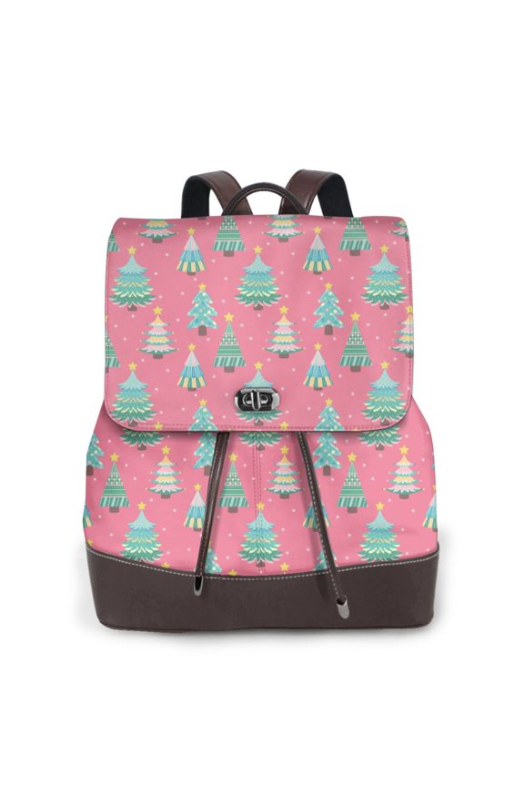 Pastel Christmas Trees on Pink for Womens Leather Backpack for School Travel Work or Casual Use with Zipper Pockets and Spacious Interior