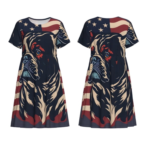 Horeoi Patriotic Bulldog Art Print Women's Short Sleeve Dress Breathable Polyester-Spandex All-Over Print A-Line Side Pockets Elastic Waist