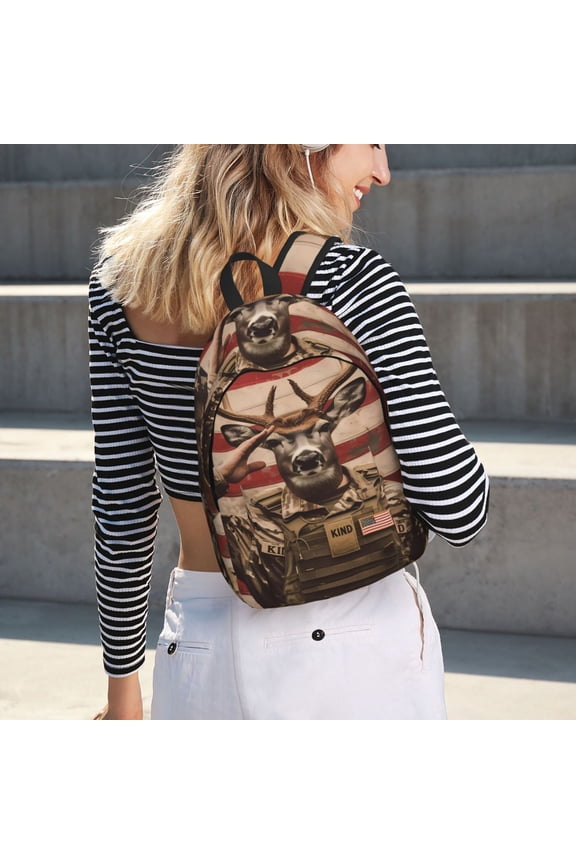 Patriotic Deer Soldier Salute for Canvas Backpack for School Outdoor Travel Use Men Women Teenagers Large Capacity with Adjustable Shoulder Straps