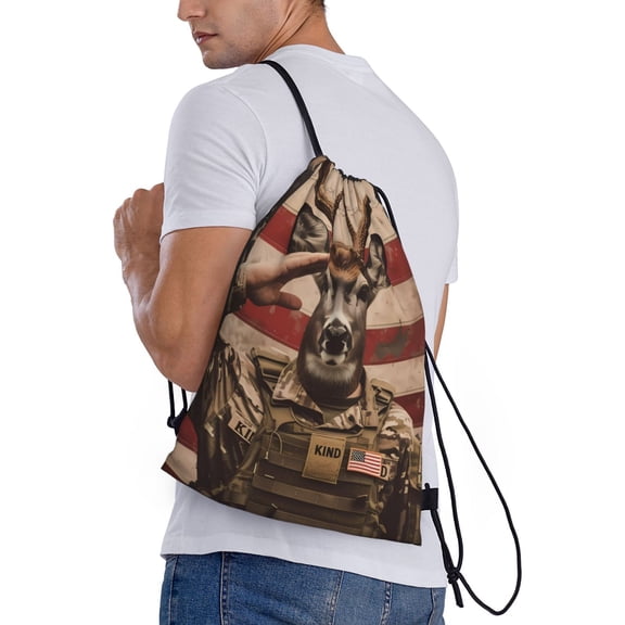 Horeoi Patriotic Deer Soldier Salute Print Drawstring Bags for Gym Sports Yoga Travel Lightweight Foldable Sackpack for Men Women Teens