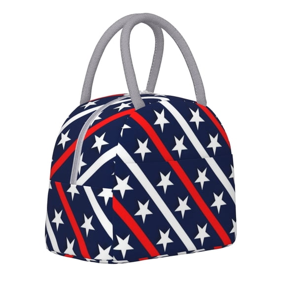 Horeoi Patriotic Star Pattern Large Insulated Lunch Bag for Work, School, Picnic - Waterproof, Durable Oxford Cloth, Comfortable Handle-Light Grey