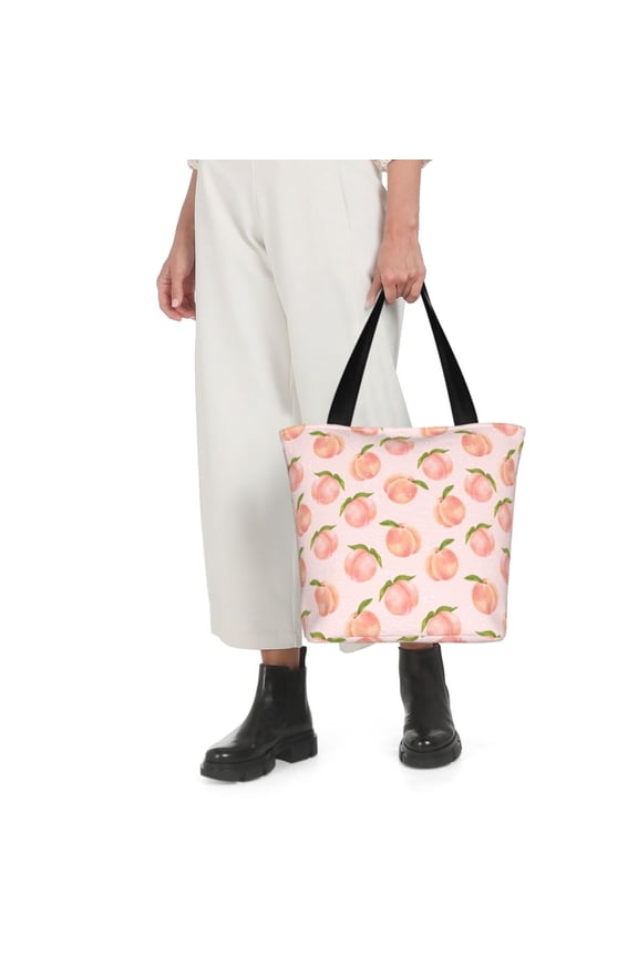 Peach With Leaves Print Shoulder Bag for Women Large Capacity Zipper Tote for Shopping Beach Travel Gym with Inner Pocket