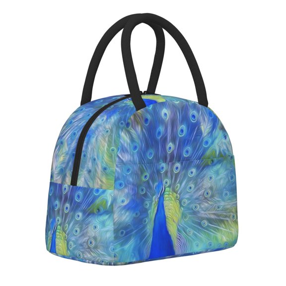 Horeoi Peacock Pattern Large Insulated Lunch Bag for Work, School, Picnic - Waterproof, Durable Oxford Cloth, Comfortable Handle-Black