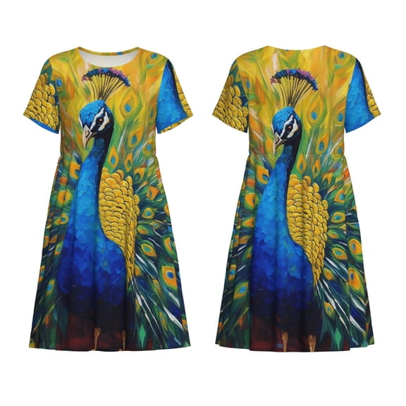 Horeoi Peacocks Print Women's Short Sleeve Dress Breathable Polyester-Spandex All-Over Print A-Line Side Pockets Elastic Waist