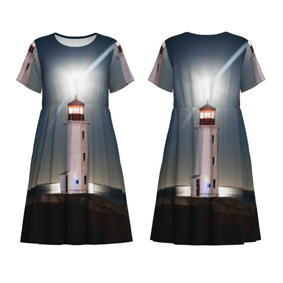 Horeoi Peggy's Cove Lighthouse Print Women's Short Sleeve Dress Breathable Polyester-Spandex All-Over Print A-Line Side Pockets Elastic Waist