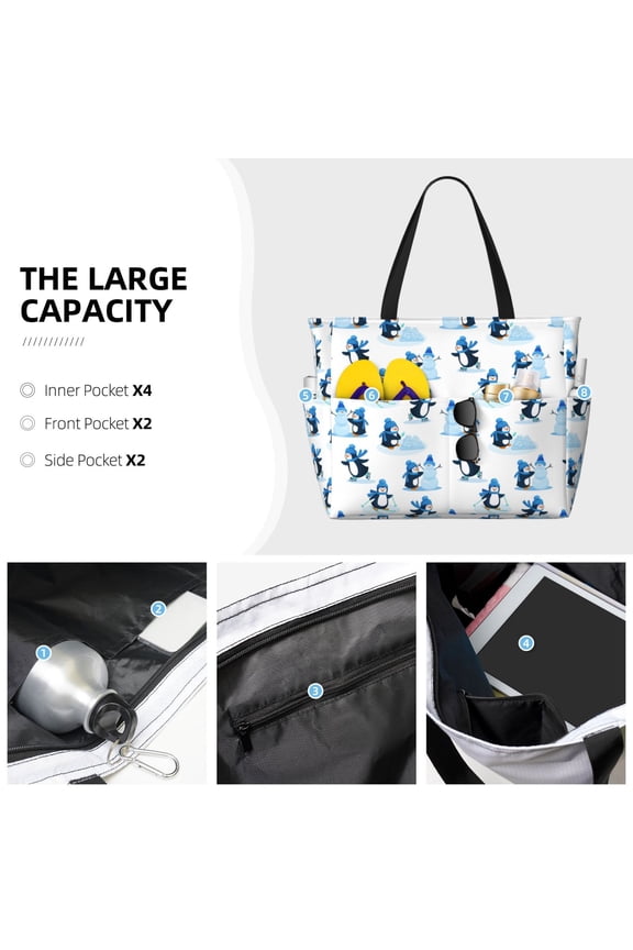 Penguin Winter Fun Print Large Capacity Beach Travel Bag Waterproof Polyester with Multiple Pockets for Beach Camping Gym