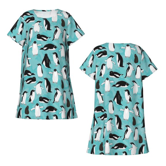 Horeoi Penguins Print Women's Short-sleeved Nightdress Breathable Cotton-like Material Loose A-line Knee-length