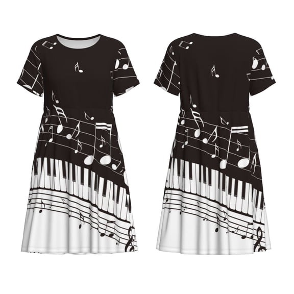 Horeoi Piano Keys With Musical Notes Print Women's Short Sleeve Dress Breathable Polyester-Spandex All-Over Print A-Line Side Pockets Elastic Waist
