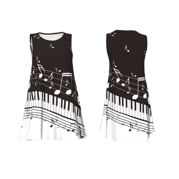 Horeoi Piano Keys With Musical Notes Print Women's Sleeveless Dress Cotton-like Flared Hem Deep Side Pockets Above-Knee