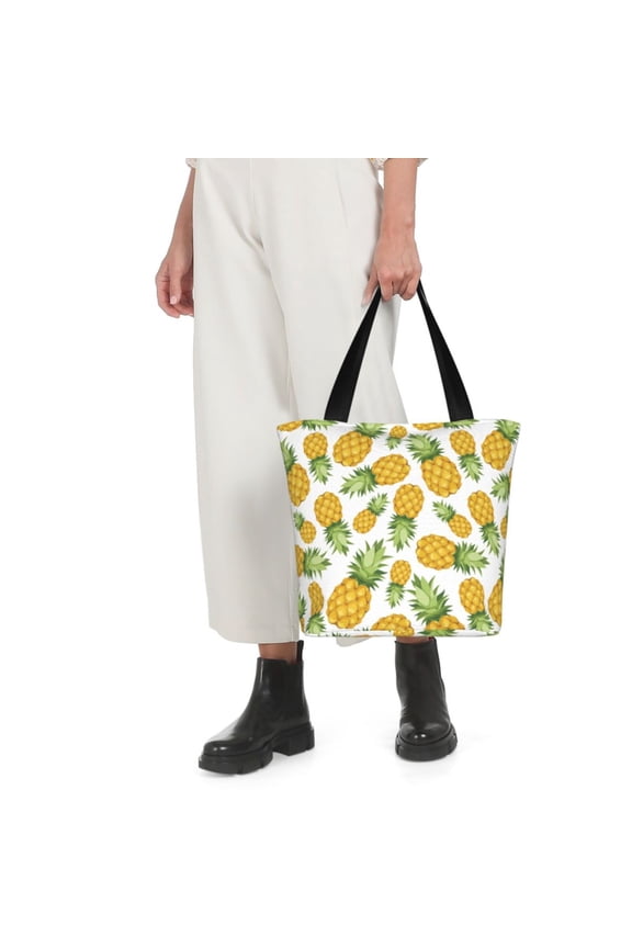 Pineapple Print Shoulder Bag for Women Large Capacity Zipper Tote for Shopping Beach Travel Gym with Inner Pocket
