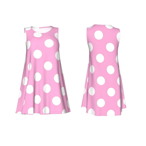 Horeoi Pink And White Polka Dot Print Women's Sleeveless Dress Cotton-like Flared Hem Deep Side Pockets Above-Knee