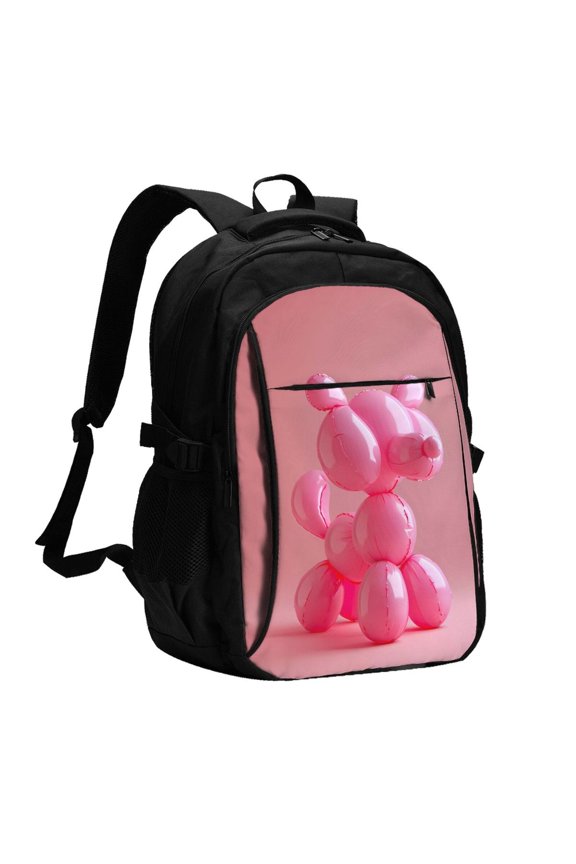 Pink Balloon Puppy Art Print USB Backpack for Travel School Work with Laptop Compartment Charging Port and Anti-Theft Pocket
