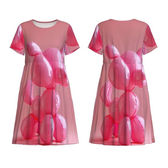 Horeoi Pink Balloon Puppy Art Print Women's Short Sleeve Dress Breathable Polyester-Spandex All-Over Print A-Line Side Pockets Elastic Waist