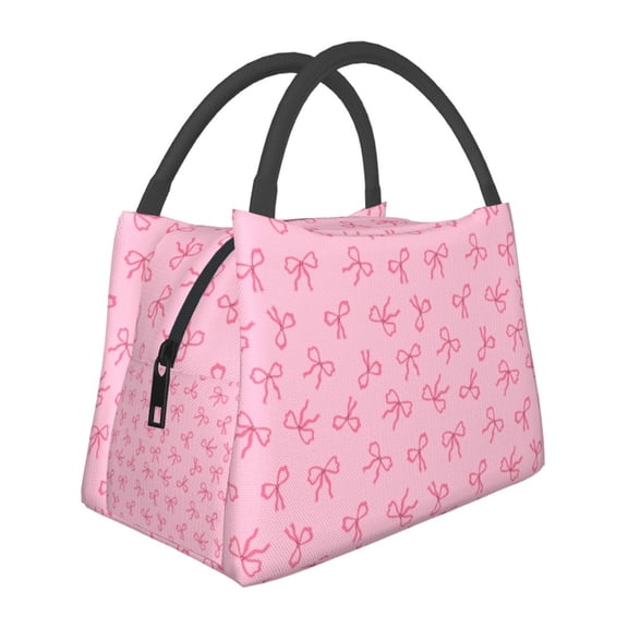 Horeoi Pink Bows Pattern Portable Insulation Bag for Work Picnic Travel with Zipper and Handle Foldable Thermal Lunch Tote