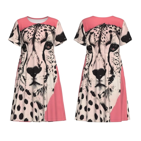Horeoi Pink Cheetah Art Print Women's Short Sleeve Dress Breathable Polyester-Spandex All-Over Print A-Line Side Pockets Elastic Waist