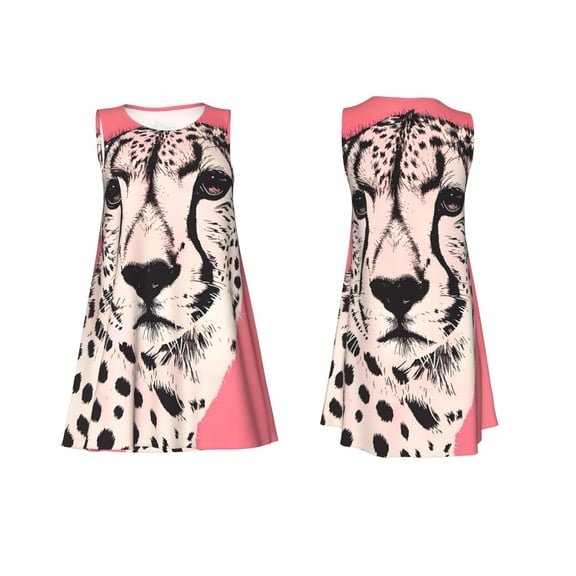 Horeoi Pink Cheetah Art Print Women's Sleeveless Dress Cotton-like Flared Hem Deep Side Pockets Above-Knee